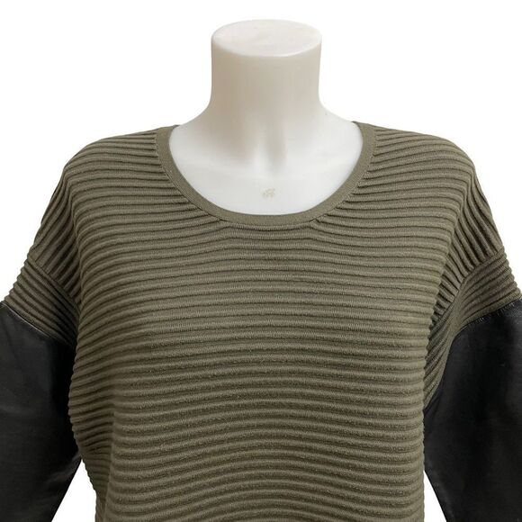 SANDRO Olive Green Ribbed Knit Lambskin Leather Sleeve Pullover Sweater sz 3 - Picture 5 of 10